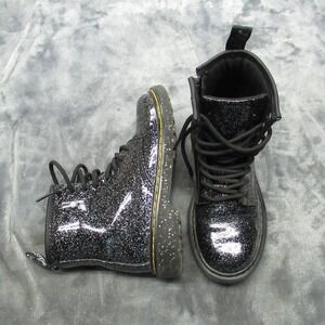 Dr Martens Juniors 2 Black Cosmic Glitter Leather Combat Side Zip Lace Up Heeled